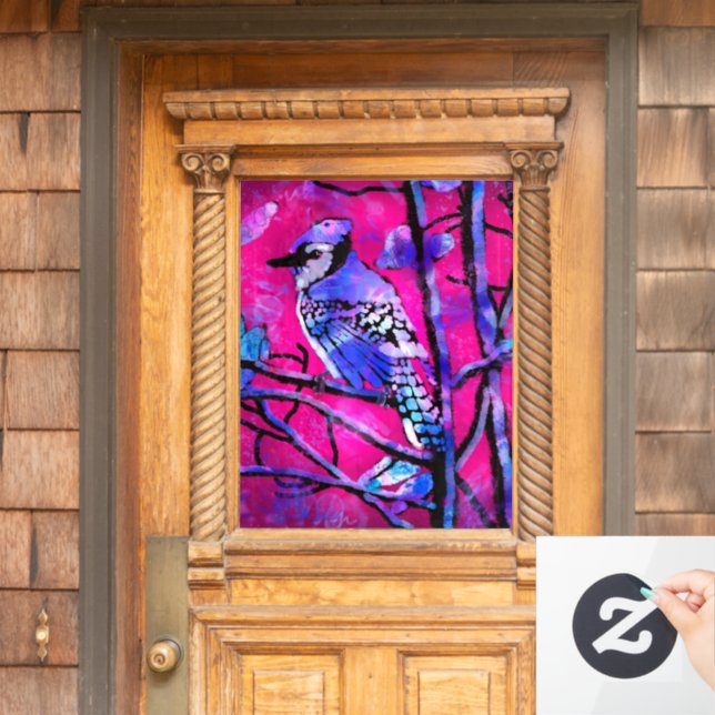 Blue Jay Bird on Tree Branch Pink Abstract Art  Window Cling (Home Door)