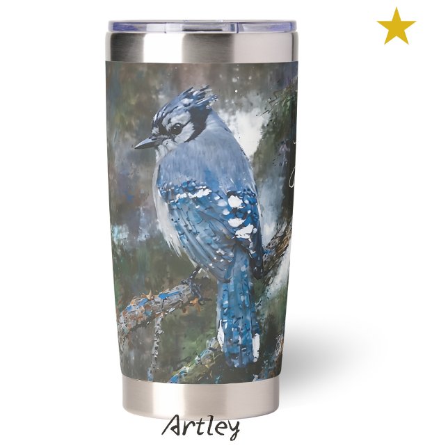 Blue Jay Bird Painting Custom Name Birdwatching Insulated Tumbler (Creator Uploaded)