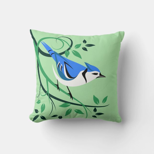 Blue Jay Bird Perched On Tree Branch Throw Pillow (Front)