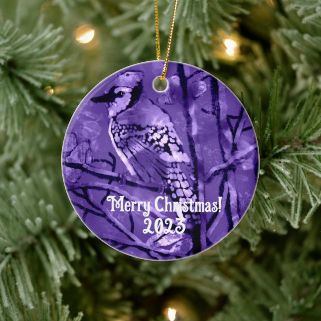 Blue Jay Bird Pink Abstract Art Personalized Ceramic Ornament (Tree)
