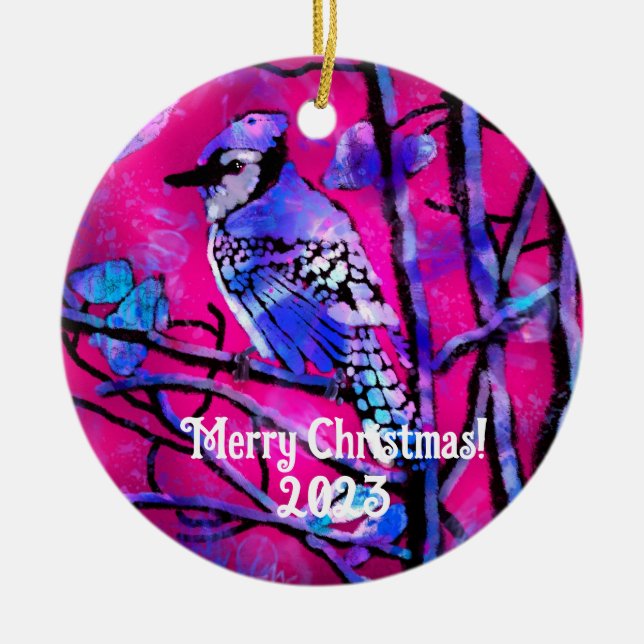 Blue Jay Bird Pink Abstract Art Personalized Ceramic Ornament (Front)