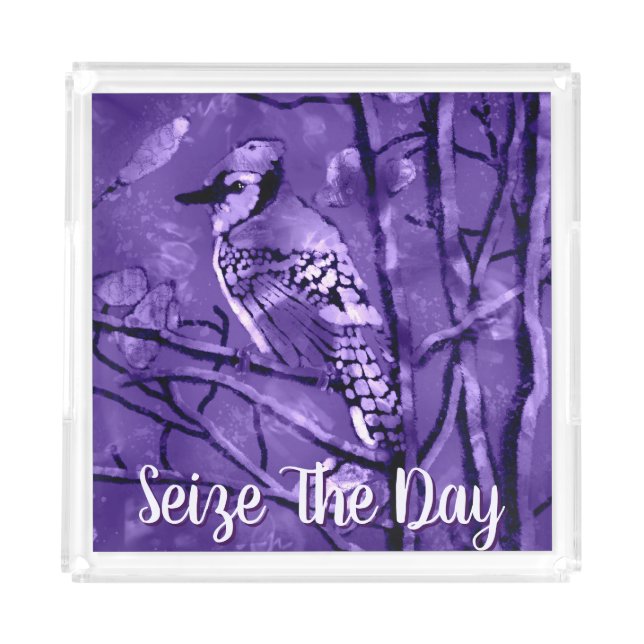 Blue Jay Bird Purple Abstract Art Personalized Acrylic Tray (Front)