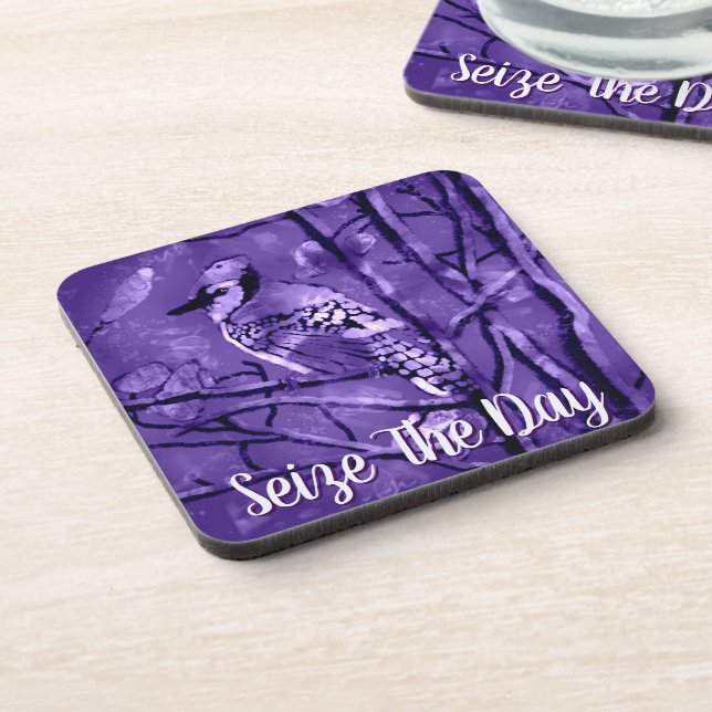 Blue Jay Bird Purple Abstract Art Personalized Beverage Coaster (Left Side)