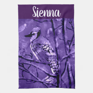 Blue Jay Bird Purple Abstract Art Personalized Kitchen Towel