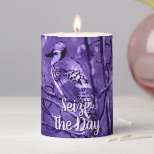 Blue Jay Bird Purple Abstract Art Personalized Pillar Candle