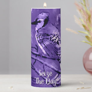 Blue Jay Bird Purple Abstract Art Personalized Pillar Candle