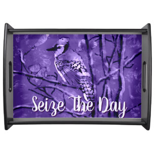 Blue Jay Bird Purple Abstract Art Personalized Serving Tray