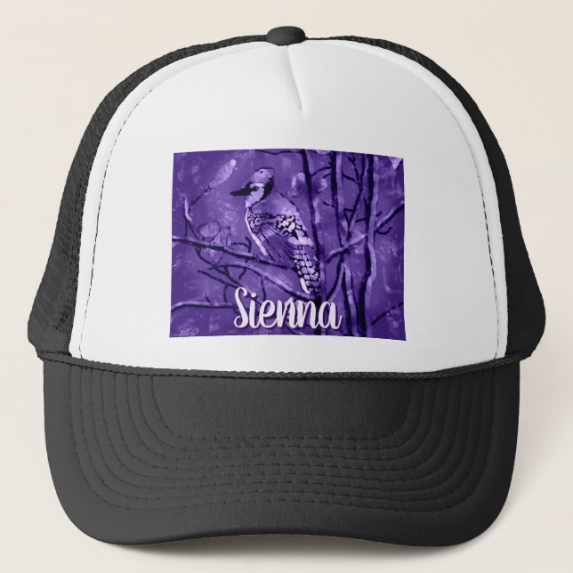 Blue Jay Bird Purple Abstract Art Personalized Trucker Hat (Front)