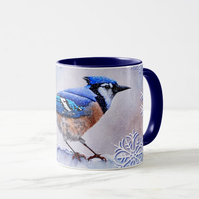 Blue Jay Bird Snowflake Winter Art Mug (Front Right)