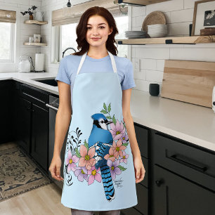 Blue Jay Bird Spring Flowers Nature Illustration Apron