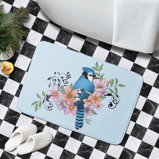 Blue Jay Bird Spring Flowers Nature Illustration Bath Mat (Creator Uploaded)