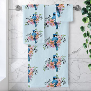 Blue Jay Bird Spring Flowers Nature Illustration Bath Towel Set