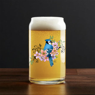 Blue Jay Bird Spring Flowers Nature Illustration Can Glass