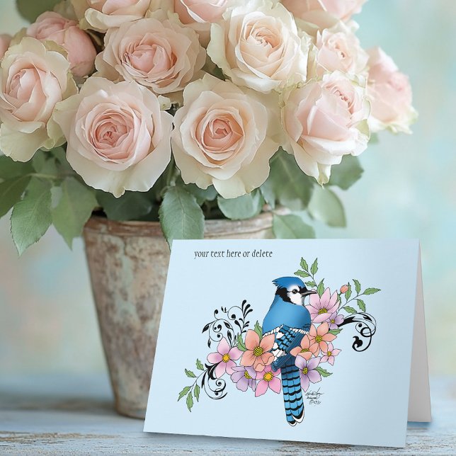 Blue Jay Bird Spring Flowers Nature Illustration Card (Creator Uploaded)