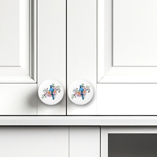 Blue Jay Bird Spring Flowers Nature Illustration Ceramic Knob (Creator Uploaded)