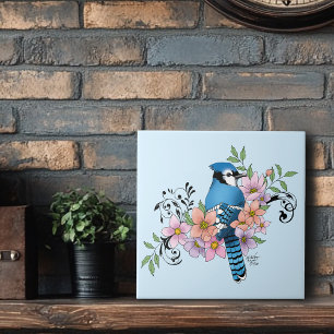 Blue Jay Bird Spring Flowers Nature Illustration Ceramic Tile