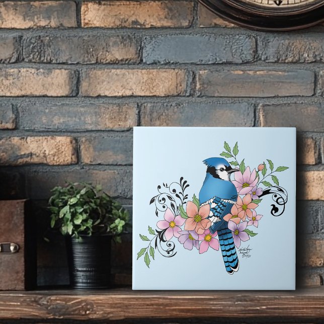 Blue Jay Bird Spring Flowers Nature Illustration Ceramic Tile (Creator Uploaded)