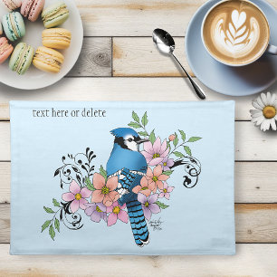 Blue Jay Bird Spring Flowers Nature Illustration Cloth Placemat