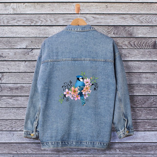 Blue Jay Bird Spring Flowers Nature Illustration Denim Jacket (Creator Uploaded)