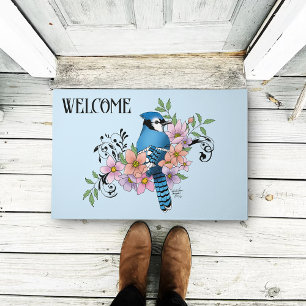 Blue Jay Bird Spring Flowers Nature Illustration Doormat