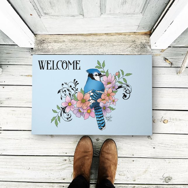 Blue Jay Bird Spring Flowers Nature Illustration Doormat (Creator Uploaded)