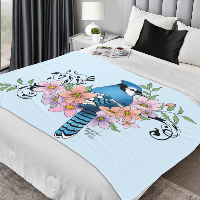 Blue Jay Bird Spring Flowers Nature Illustration Fleece Blanket (Creator Uploaded)