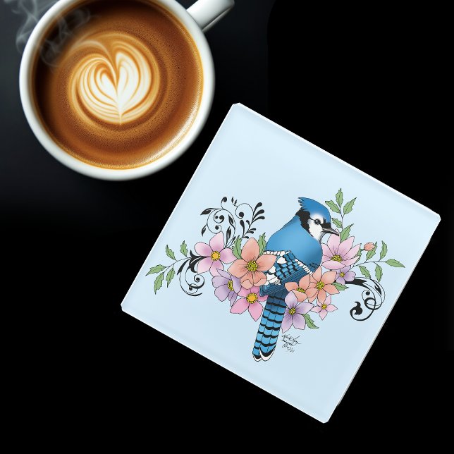 Blue Jay Bird Spring Flowers Nature Illustration Glass Coaster (Creator Uploaded)