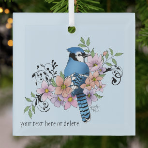 Blue Jay Bird Spring Flowers Nature Illustration Glass Ornament