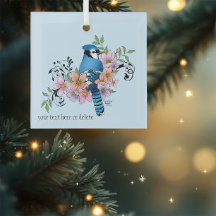 Blue Jay Bird Spring Flowers Nature Illustration Glass Ornament