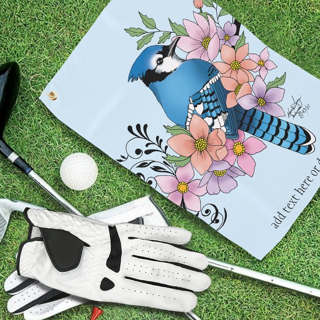 Blue Jay Bird Spring Flowers Nature Illustration Golf Towel (Creator Uploaded)