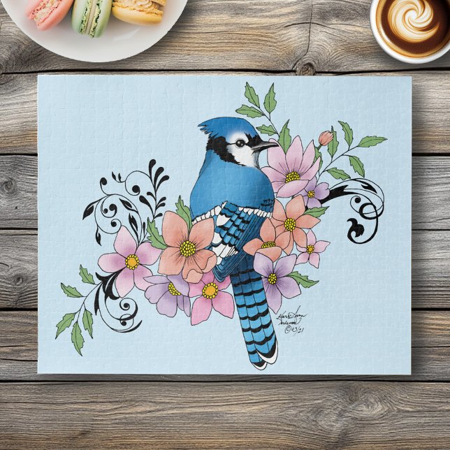 Blue Jay Bird Spring Flowers Nature Illustration Jigsaw Puzzle (Creator Uploaded)