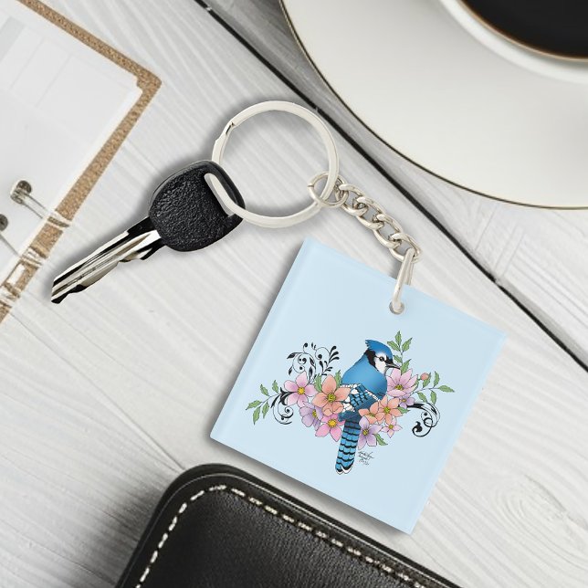 Blue Jay Bird Spring Flowers Nature Illustration Keychain (Creator Uploaded)