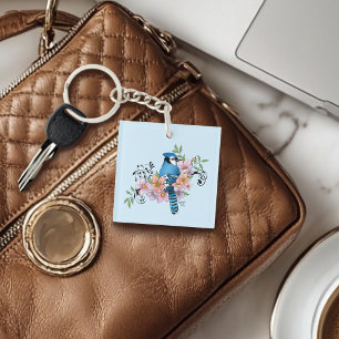 Blue Jay Bird Spring Flowers Nature Illustration Keychain