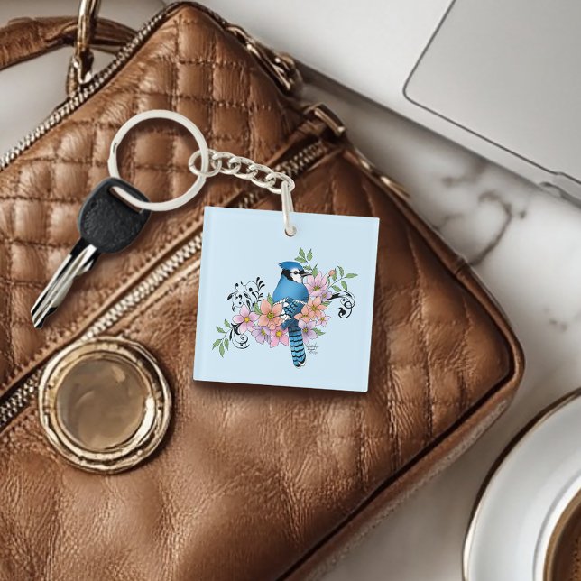 Blue Jay Bird Spring Flowers Nature Illustration Keychain (Creator Uploaded)
