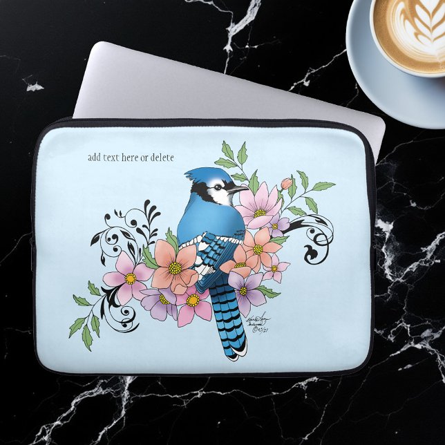 Blue Jay Bird Spring Flowers Nature Illustration Laptop Sleeve (Creator Uploaded)