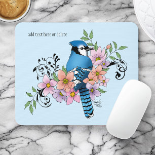 Blue Jay Bird Spring Flowers Nature Illustration Mouse Pad