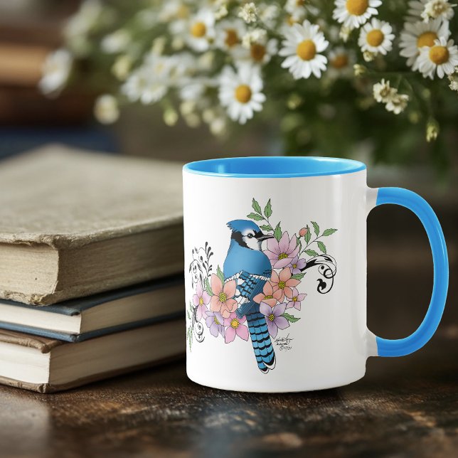 Blue Jay Bird Spring Flowers Nature Illustration Mug (Creator Uploaded)