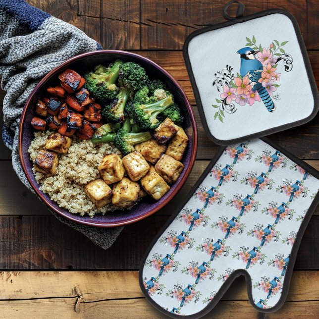Blue Jay Bird Spring Flowers Nature Illustration Oven Mitt & Pot Holder Set (Creator Uploaded)