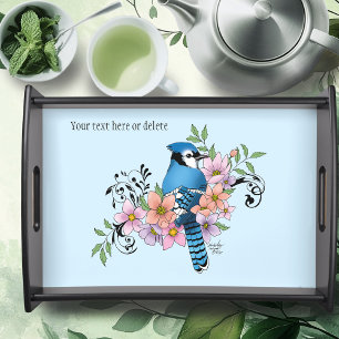 Blue Jay Bird Spring Flowers Nature Illustration Serving Tray