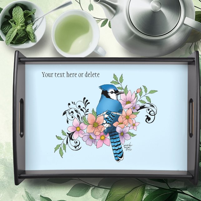Blue Jay Bird Spring Flowers Nature Illustration Serving Tray (Creator Uploaded)