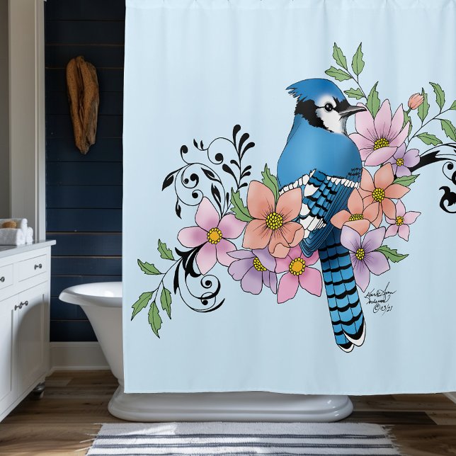 Blue Jay Bird Spring Flowers Nature Illustration Shower Curtain (Creator Uploaded)
