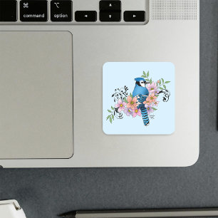 Blue Jay Bird Spring Flowers Nature Illustration Square Sticker