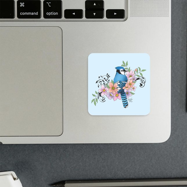 Blue Jay Bird Spring Flowers Nature Illustration Square Sticker (Creator Uploaded)