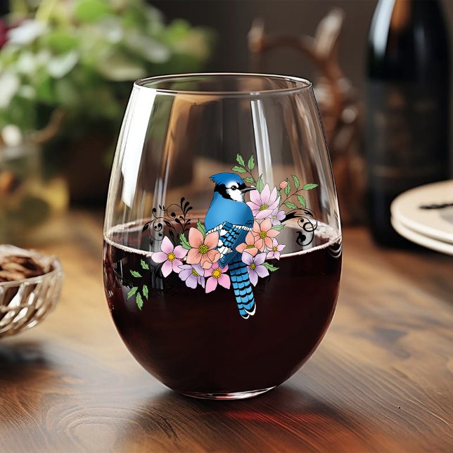Blue Jay Bird Spring Flowers Nature Illustration Stemless Wine Glass (Creator Uploaded)