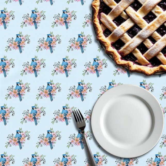 Blue Jay Bird Spring Flowers Nature Illustration Tablecloth (Creator Uploaded)