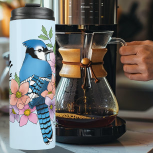 Blue Jay Bird Spring Flowers Nature Illustration Thermal Tumbler