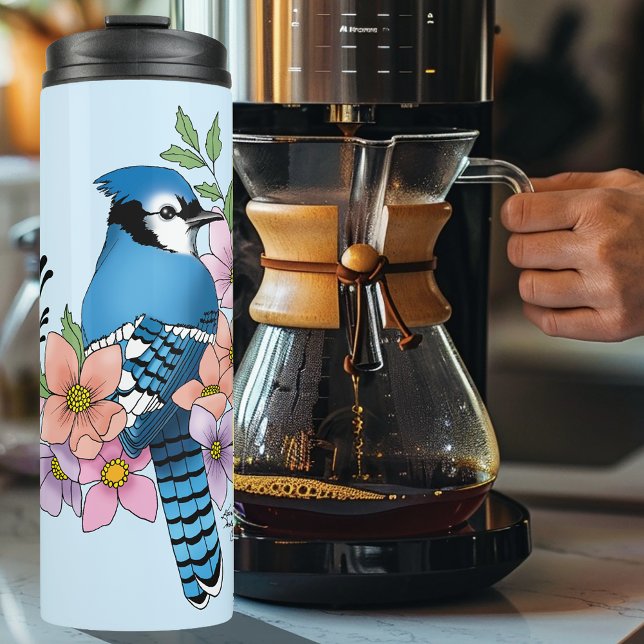 Blue Jay Bird Spring Flowers Nature Illustration Thermal Tumbler (Creator Uploaded)