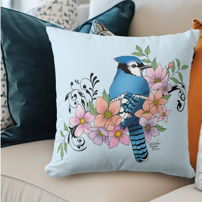 Blue Jay Bird Spring Flowers Nature Illustration Throw Pillow (Creator Uploaded)