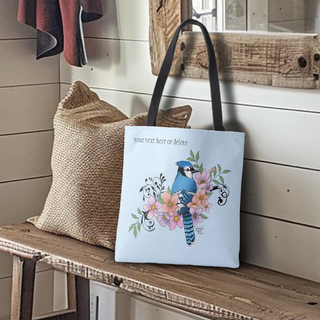 Blue Jay Bird Spring Flowers Nature Illustration Tote Bag (Creator Uploaded)