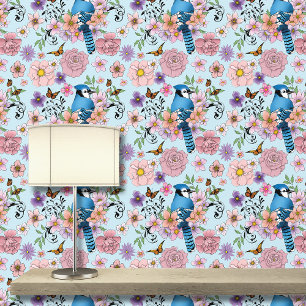 Blue Jay Bird Spring Flowers Nature Illustration Wallpaper